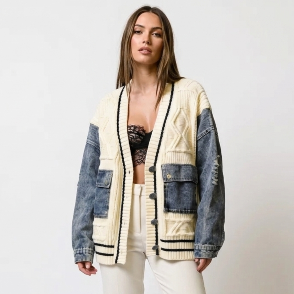 Živana – Pletena jakna patchwork s opuštenim traperom