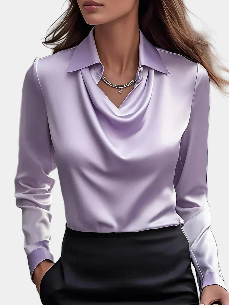 Elegantna Bela Satenska Bluza s Draper Dekolteom