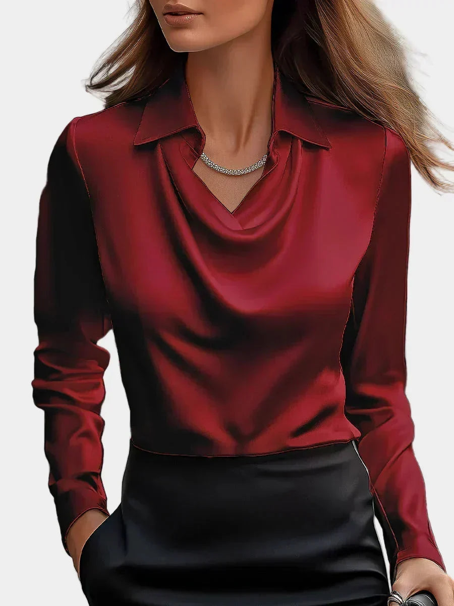 Elegantna Bela Satenska Bluza s Draper Dekolteom