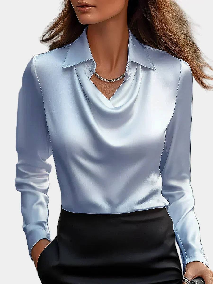 Elegantna Bela Satenska Bluza s Draper Dekolteom